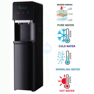 Výkonný podlahový výdajník vody Crystal® SODA DIAMOND 400G s reverznou osmózou ponúka studenú, horúcu aj perlivú vodu priamo z vodovodného rozvodu.