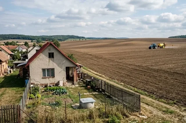Rodinný dom na okraji obce, za plotom obrábané polia — lokalita s rizikom pesticídov