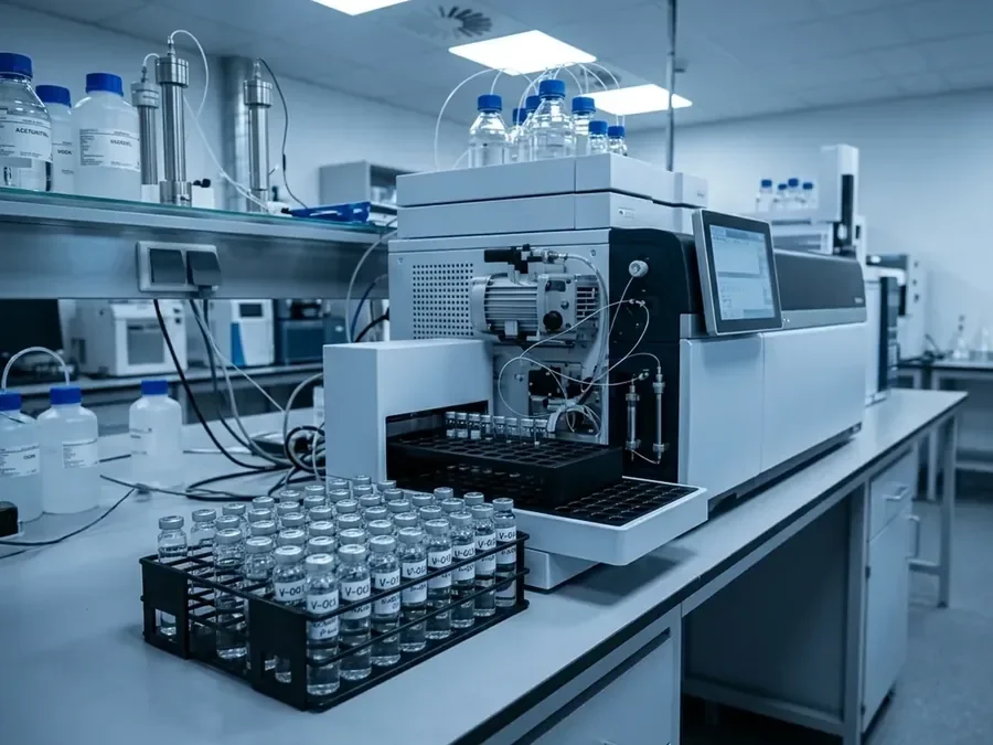 Akreditované laboratórium spracúva vzorku vody na analytickom prístroji
